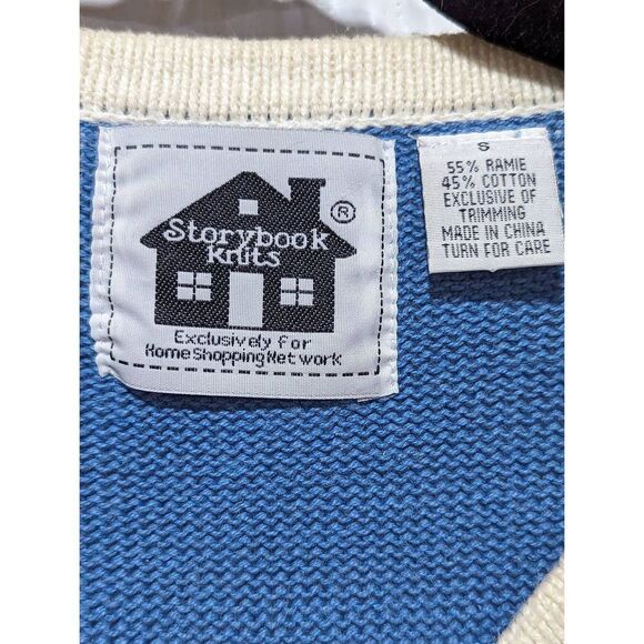 Storybook Knits Ladies Blue Cream Beaded Pearl Button Front Cardigan Sweater S - Picture 2 of 7